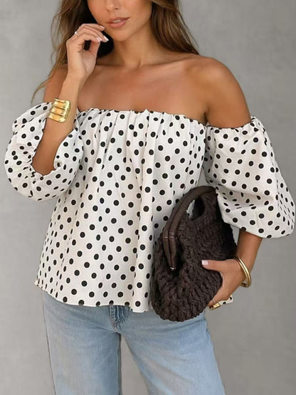 Half Sleeves Loose Backless Contrast Color Elasticity Polka Dot Off-The-Shoulder Blouses&Shirts Tops