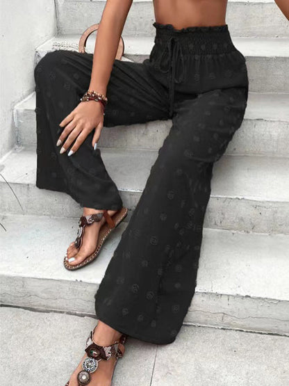 Pantalon taille haute ample avec cordon de serrage élastique en jacquard de couleur unie 