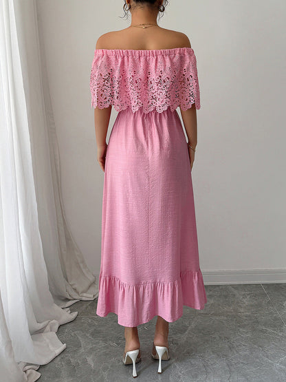 A-Line High Waisted Pleated Ruffled Solid Color Split-Joint One-Shoulder Midi Dresses