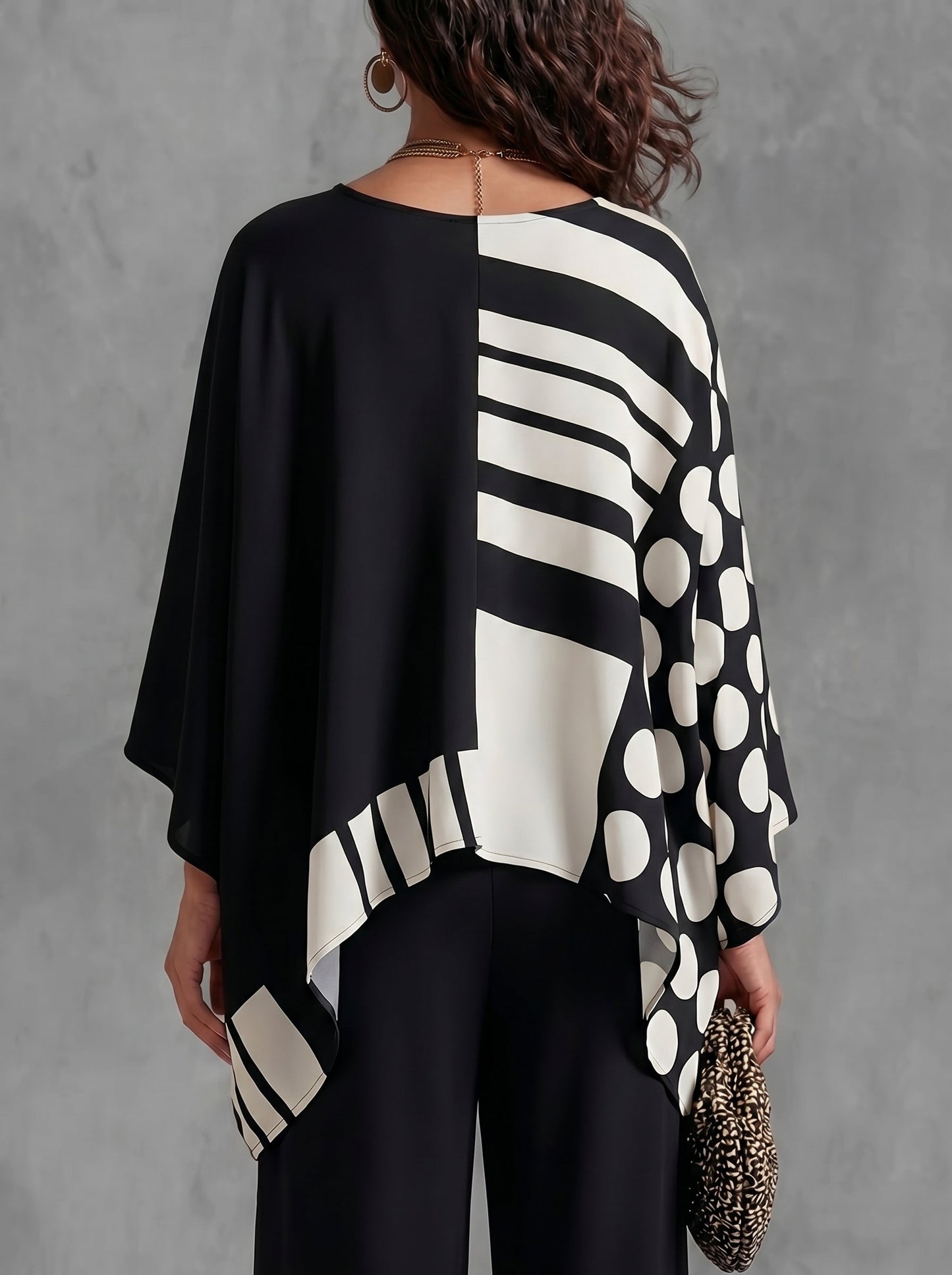 Batwing Sleeves Long Sleeves Contrast Color Polka-Dot Printed Round-Neck T-Shirts Tops