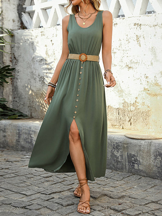 High Waisted Sleeveless Belt Buckle Buttoned Pleated Solid Color V-Neck Maxi Dresses