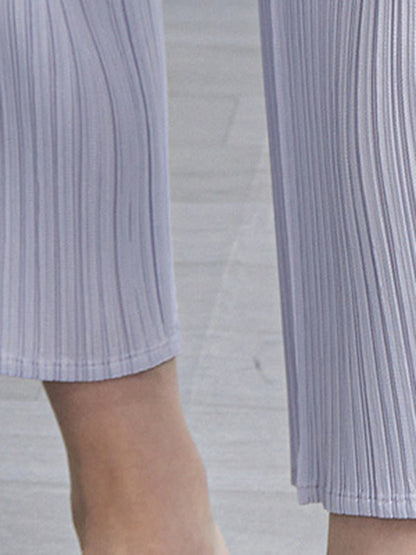 Loose Pleated Solid Color High-Low Round-Neck T-Shirts  + Pants Two Pieces Set