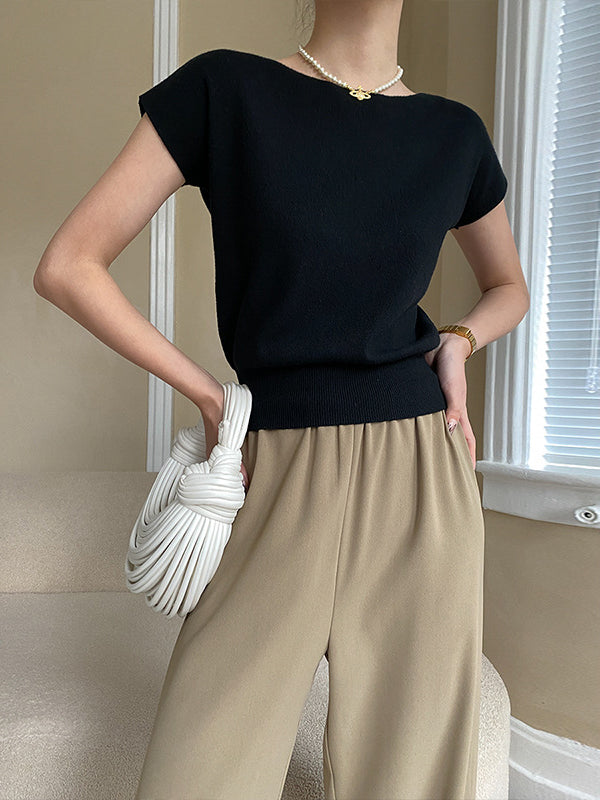 Stylish Loose Solid Color Boat Neck Knitwear Pullovers Tops BLACK One_size