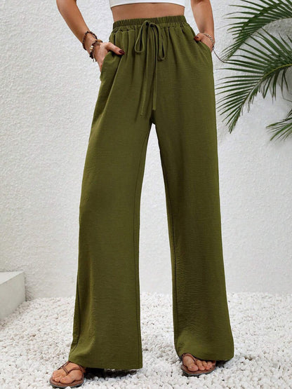 High Waisted Loose Elasticity Pleated Solid Color Tied Waist Pants Trousers
