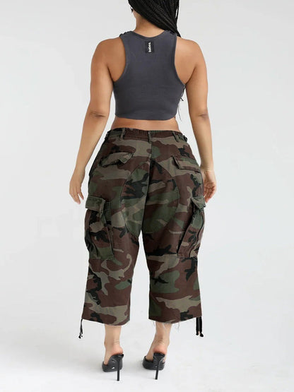 High Waisted Wide Leg Buttoned Contrast Color No Belt Pockets Tasseled Zipper Cropped Trousers Pants