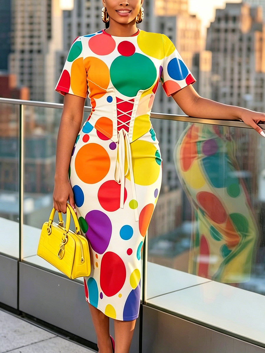 Bodycon Short Sleeves Colorful Contrast Color Polka Dot Split-Back Split-Joint Tied Round-Neck Midi Dresses