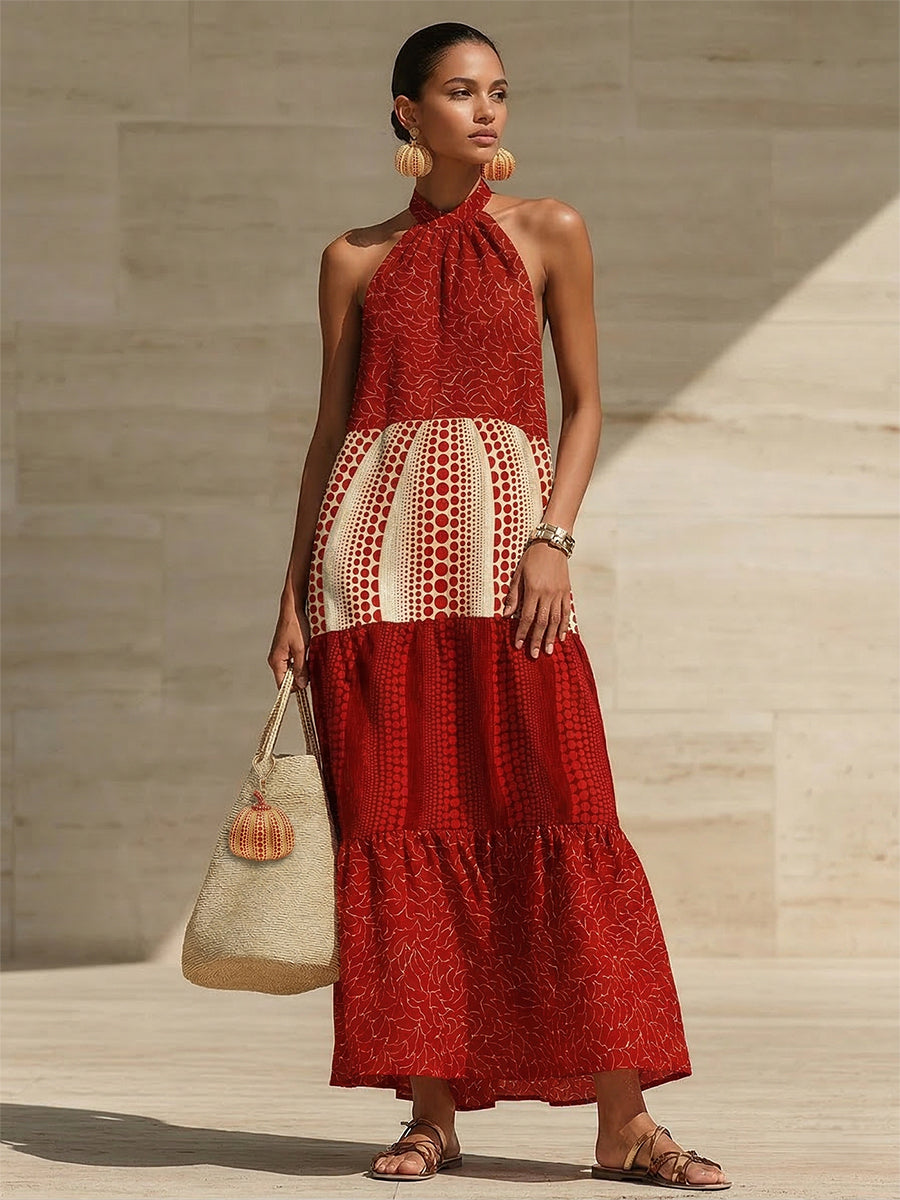 Loose Sleeveless Polka-Dot Printed Split-Joint Halter-Neck Maxi Dresses