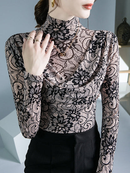 Long Sleeves Flower Print Pleated Mock Neck T-Shirts Tops