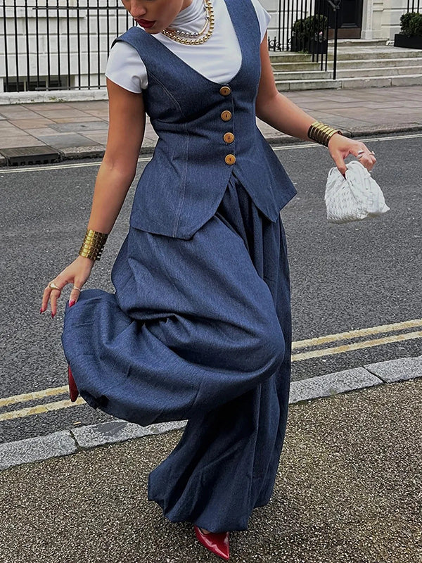 Pantalon sarouel ample plissé couleur unie en jean 