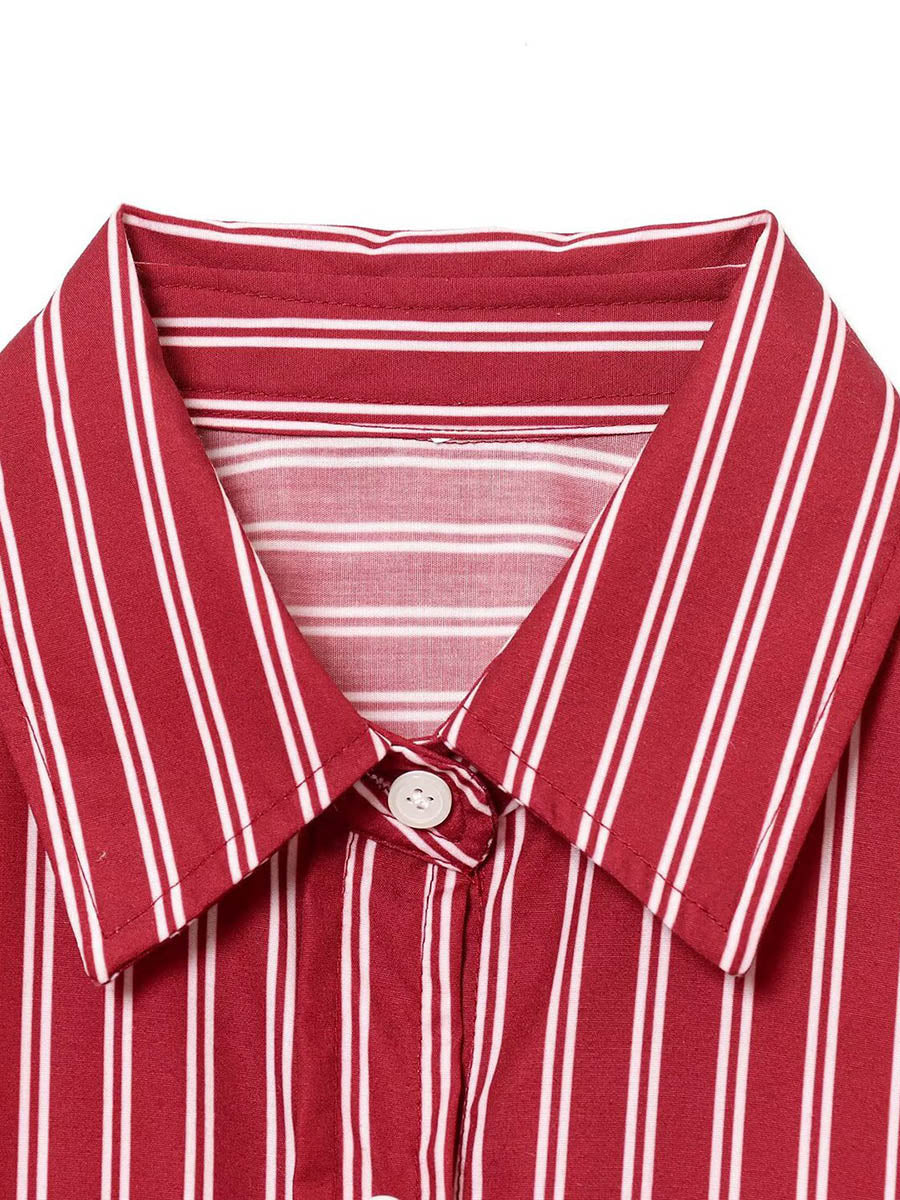 Striped Contrast Color Buttoned Loose Long Sleeves Lapel Blouses&shirts Tops