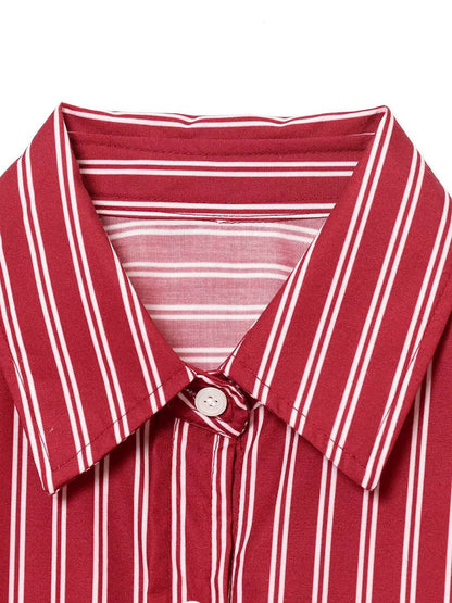 Striped Contrast Color Buttoned Loose Long Sleeves Lapel Blouses&shirts Tops
