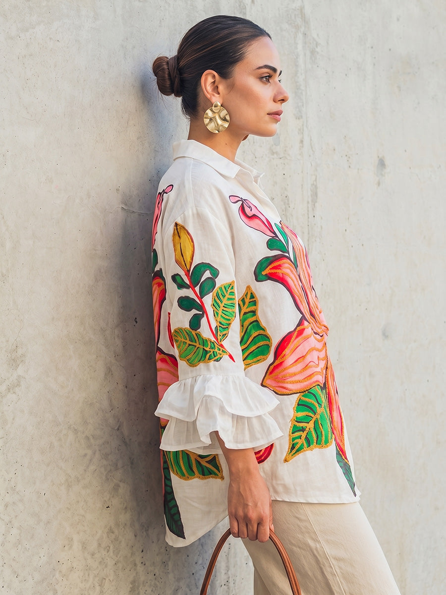 Flared Sleeves High-Low Buttoned Contrast Color Flower Print Lapel Blouses&Shirts Tops