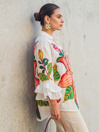 Flared Sleeves High-Low Buttoned Contrast Color Flower Print Lapel Blouses&Shirts Tops