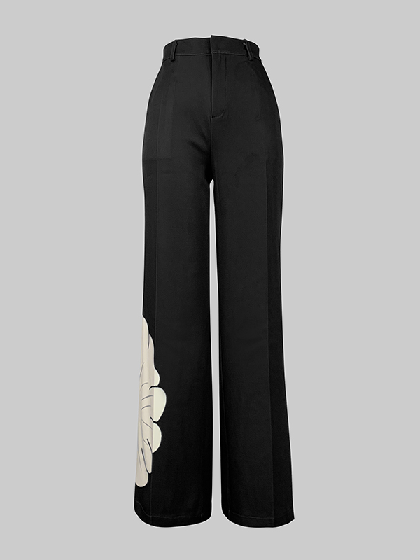 High Waisted Straight Leg Asymmetric Floral Printed Split-Joint Suit Pants