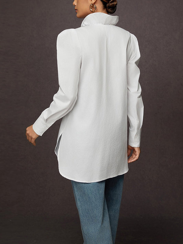 Loose Puff Sleeves Ruffled Solid Color Split-Joint Stand Collar Blouses&Shirts Tops