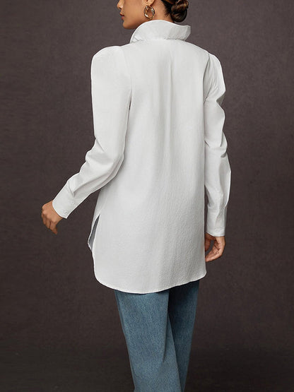 Loose Puff Sleeves Ruffled Solid Color Split-Joint Stand Collar Blouses&Shirts Tops