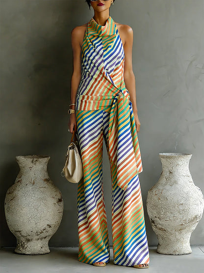 Loose Sleeveless Backless Contrast Color Striped Tied Halter-Neck Vest Top