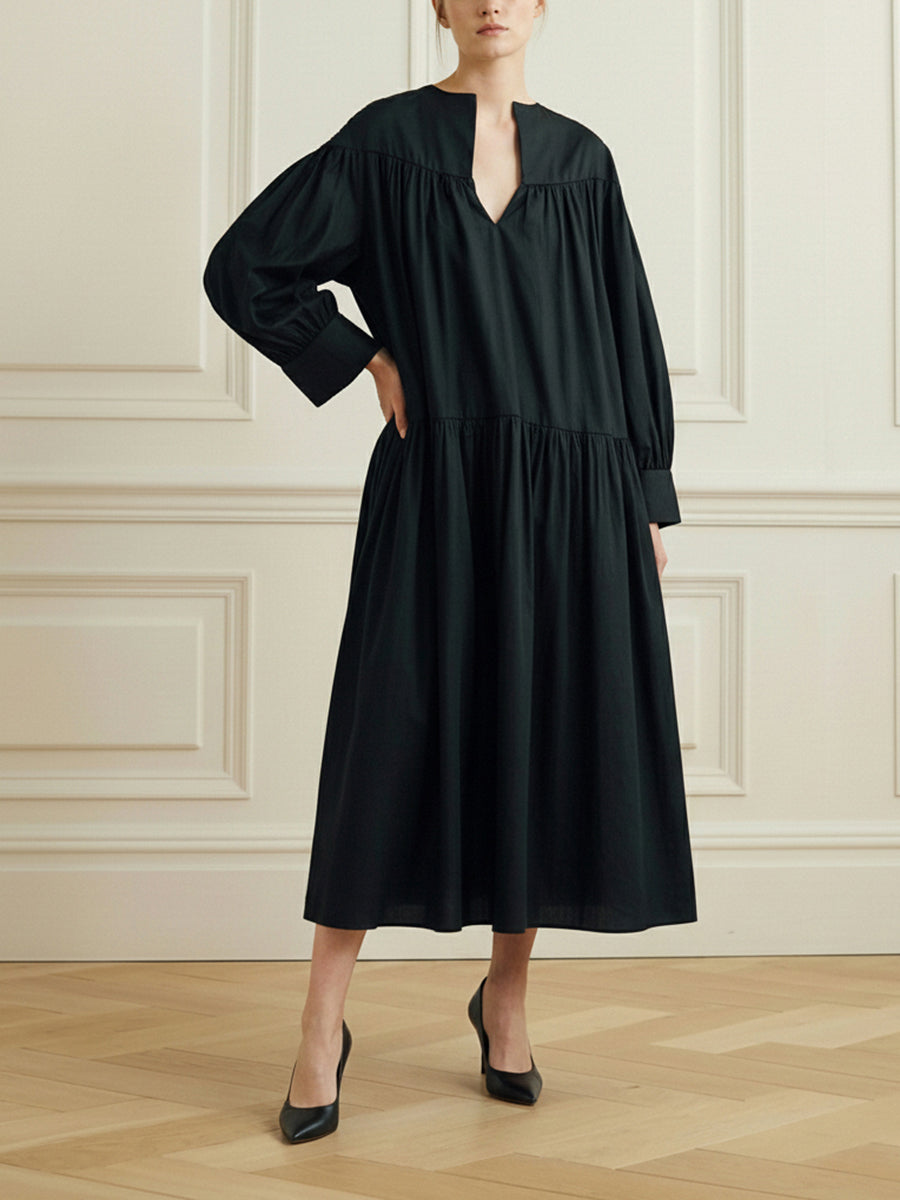 A-Line Long Sleeves Layered Pleated Solid Color V-Neck Midi Dresses