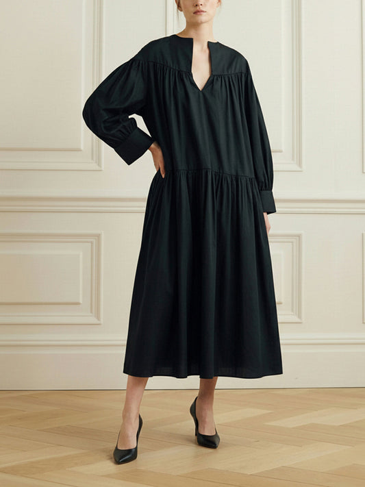 A-Line Long Sleeves Layered Pleated Solid Color V-Neck Midi Dresses