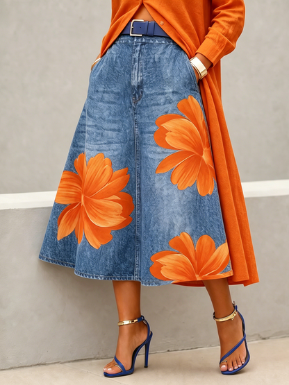 A-Line High Waisted Flower Print No Belt Pockets Skirts Bottoms