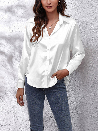 Long Sleeves Loose Solid Color Lapel Blouses WHITE