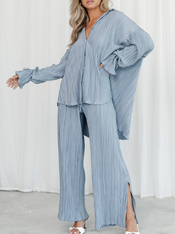 Flared Sleeves Long Sleeves Buttoned Drawstring Pleated Solid Color Split-Side Lapel Shirts Top + Pants Bottom Pajama Sets