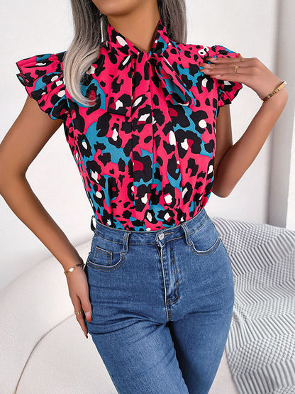 Cap Sleeve Loose Leopard Statement Collar Vest Top