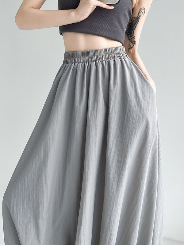 A-Line Loose Elasticity Pleated Pockets Solid Color Skirts Bottoms