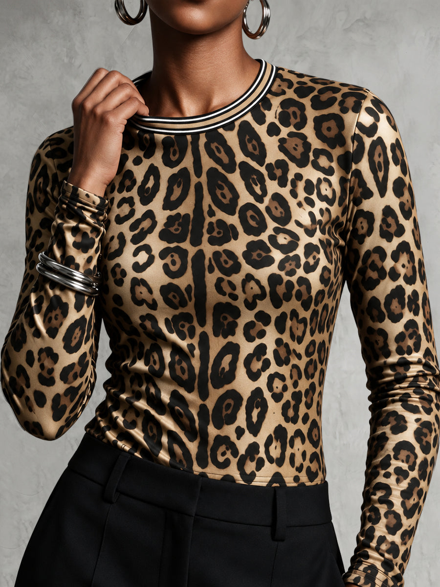Leopard Skinny Long Sleeves Round-neck T-Shirts Tops