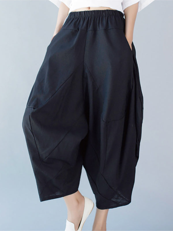 Künstlerische Retro-Haremshose aus Ramie-Baumwolle in Volltonfarbe und Elastizität 