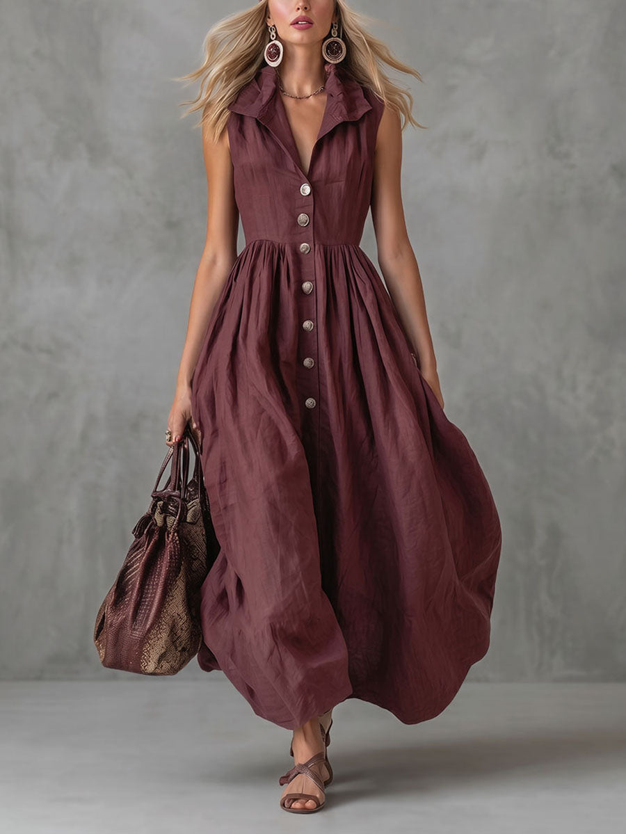 High Waisted Loose Buttoned Pleated Solid Color Lapel Maxi Dresses