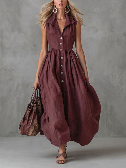 High Waisted Loose Buttoned Pleated Solid Color Lapel Maxi Dresses
