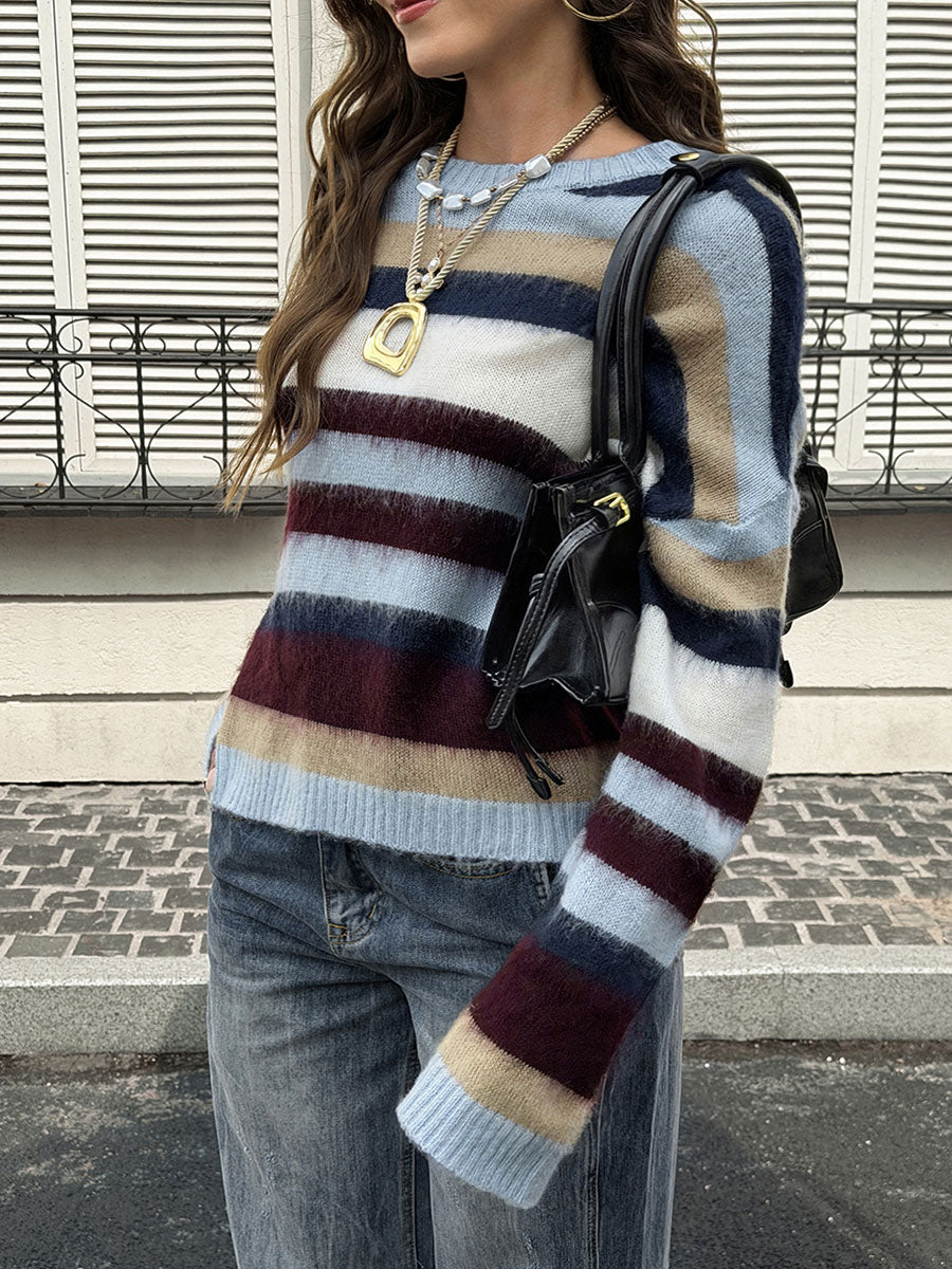 Striped Ribbed Contrast Color Loose Long Sleeves Round-neck Sweater Tops