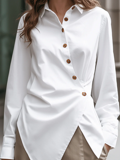 Long Sleeves Loose Asymmetric Buttoned Solid Color Split-Front Lapel Blouses&Shirts Tops