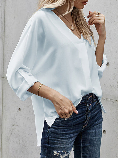 High-Low-T-Shirts mit Knöpfen, einfarbig, V-Ausschnitt 