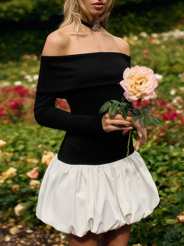 Mini-robes taille haute, manches longues, couleur contrastée, plissées, fendues, épaules dénudées 