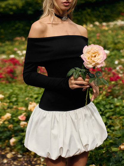 Mini-robes taille haute, manches longues, couleur contrastée, plissées, fendues, épaules dénudées 