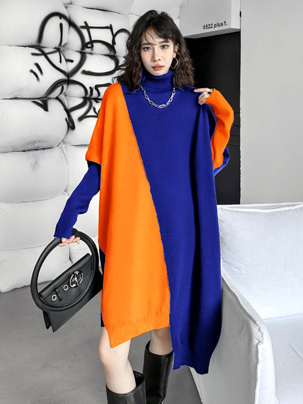 Batwing Sleeves Hipster Asymmetric Contrast Color Split-Joint High-Neck Midi Dresses Sweater Dresses