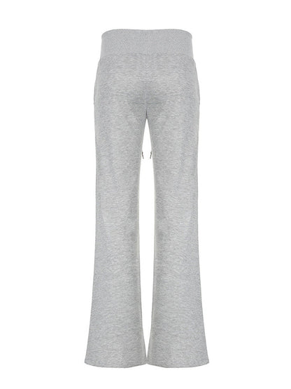 Flared Pants Loose Drawstring Pockets Solid Color Pants Trousers