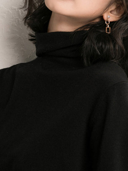 Simple Loose Long Sleeves Solid Color High-Neck Sweater Tops