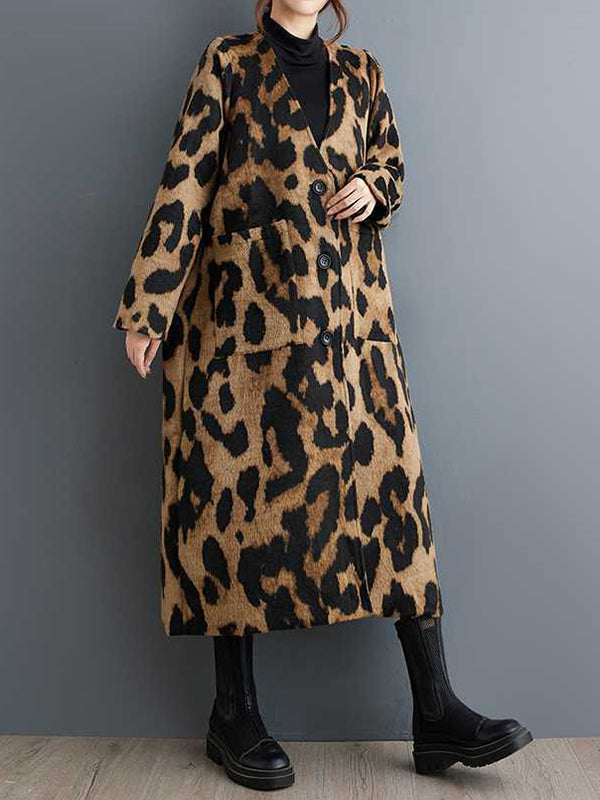 Long Sleeves Loose Buttoned Leopard Pockets Split-Joint V-Neck Outerwear Trench Coats
