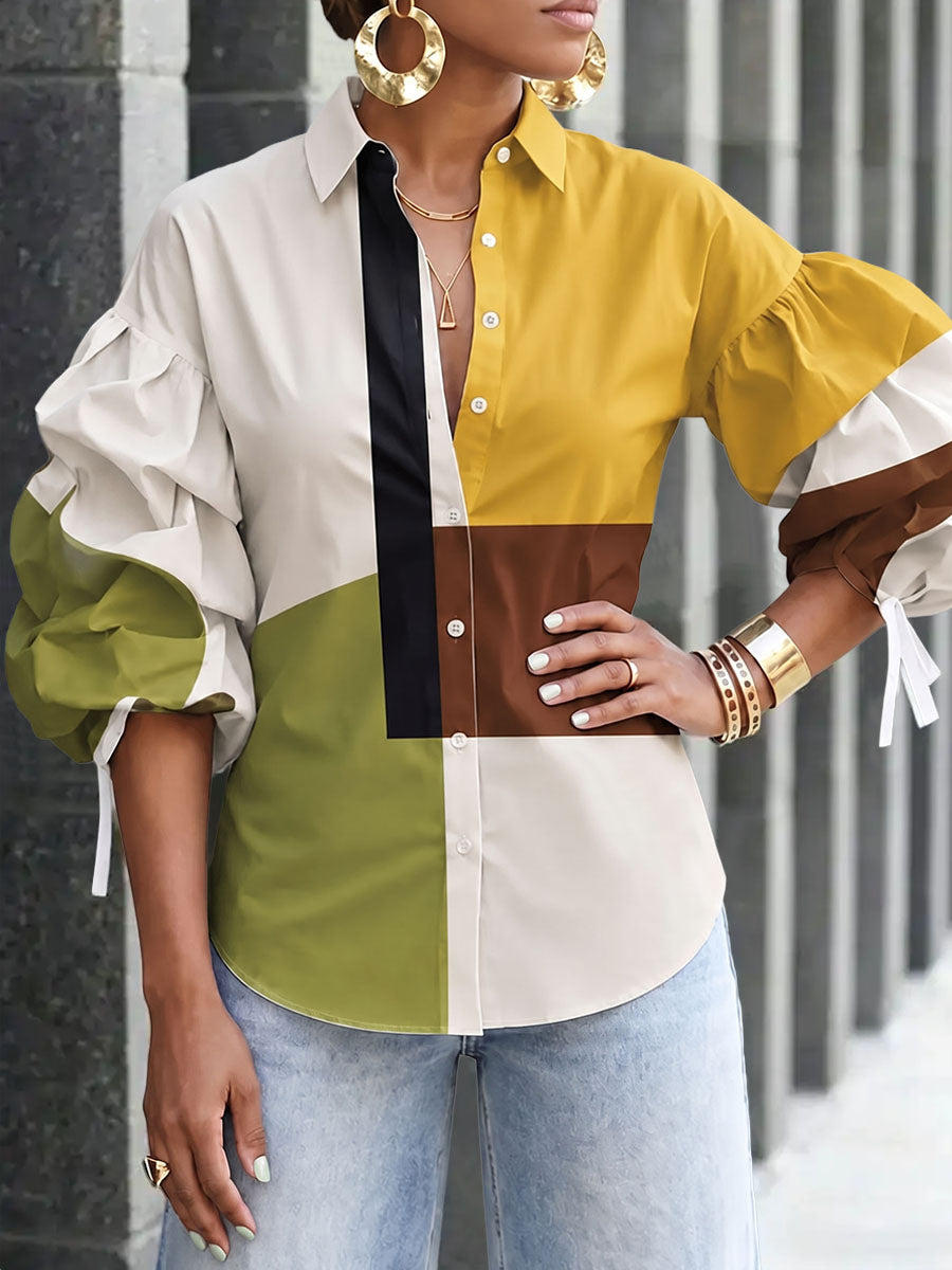 Tied Split-Joint Elasticity Contrast Color Buttoned Three-quarter Sleeves Puff Sleeves Lapel Blouses&shirts Tops