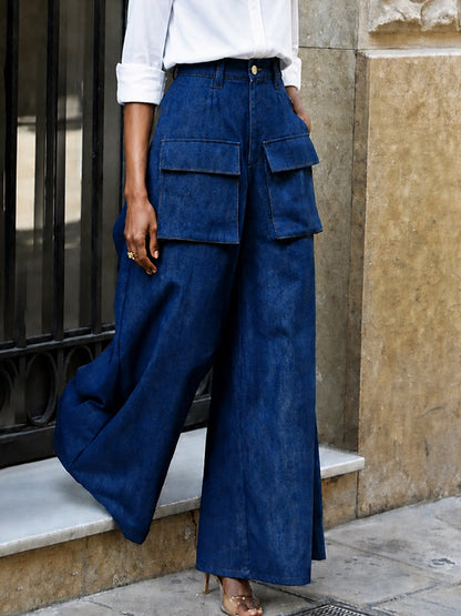 Zipper Solid Color Pockets Buttoned Wide Leg High Waisted Trousers Pants