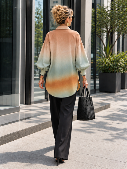 Gradient Contrast Color Colorful Buttoned Puff Sleeves Long Sleeves Lapel Blouses&shirts Tops
