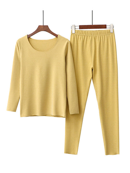 2PCS Plus Size Solid Color Round-Neck Top&Bottom Pajama Set