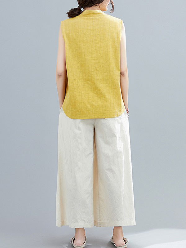 Gilet sans manches à col montant boutonné imprimé de style rétro chinois artistique 