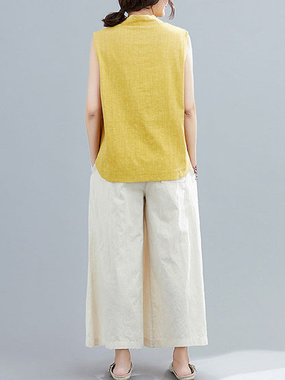 Gilet sans manches à col montant boutonné imprimé de style rétro chinois artistique 