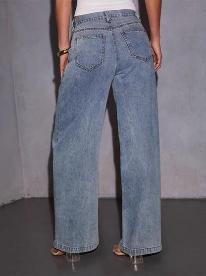 Loose Wide Leg Pleated Split-Joint Jean Pants Bottoms