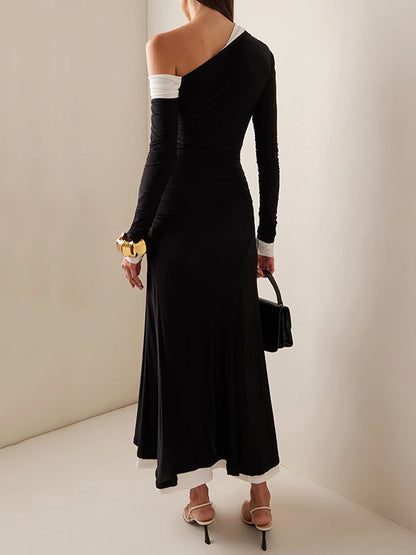 Long Sleeves Asymmetric Contrast Color Pleated Split-Joint One-Shoulder Evening Dresses Maxi Dresses