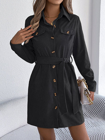 Elasticated Waist Long Sleeves Belted Buttoned Single-Breasted Solid Color Lapel Collar Mini Dresses Shirt Dress